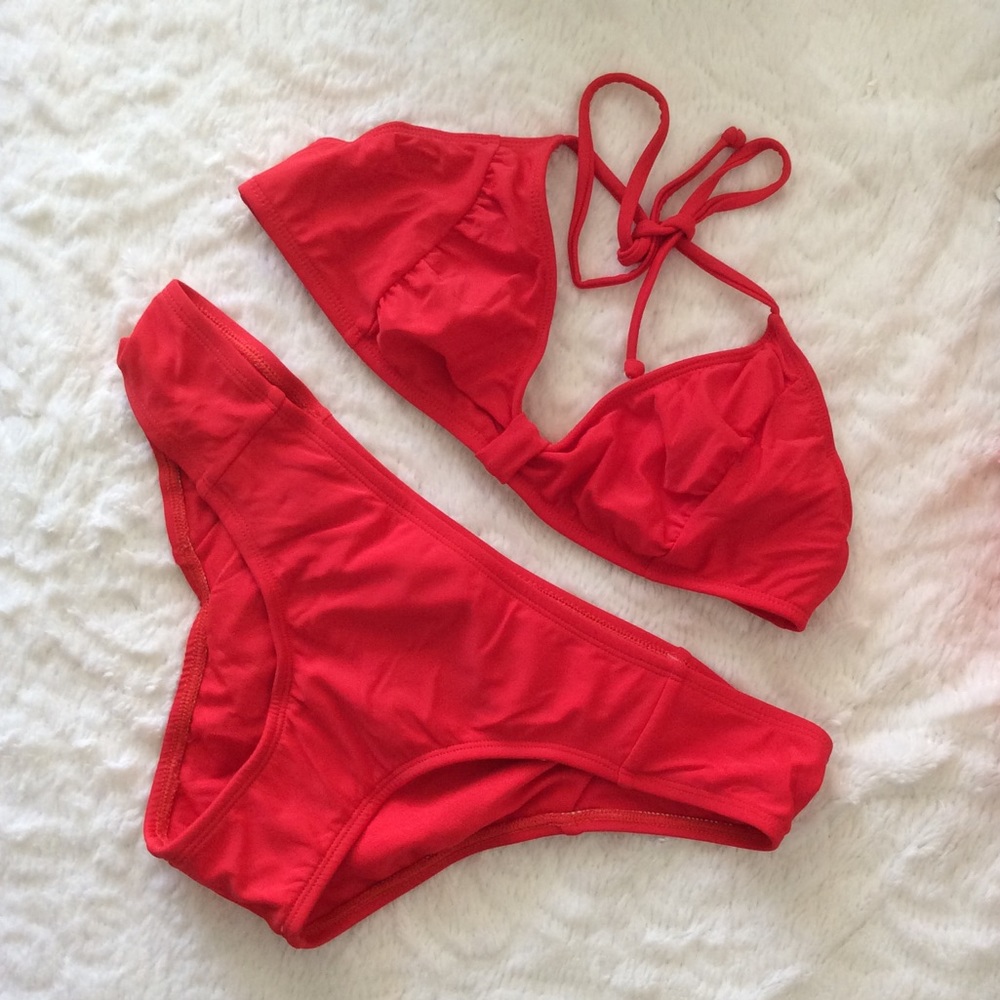 🏝BRIGHT RED BIKINI LAB RUCHED BOW CHEEKY 2 PIECE